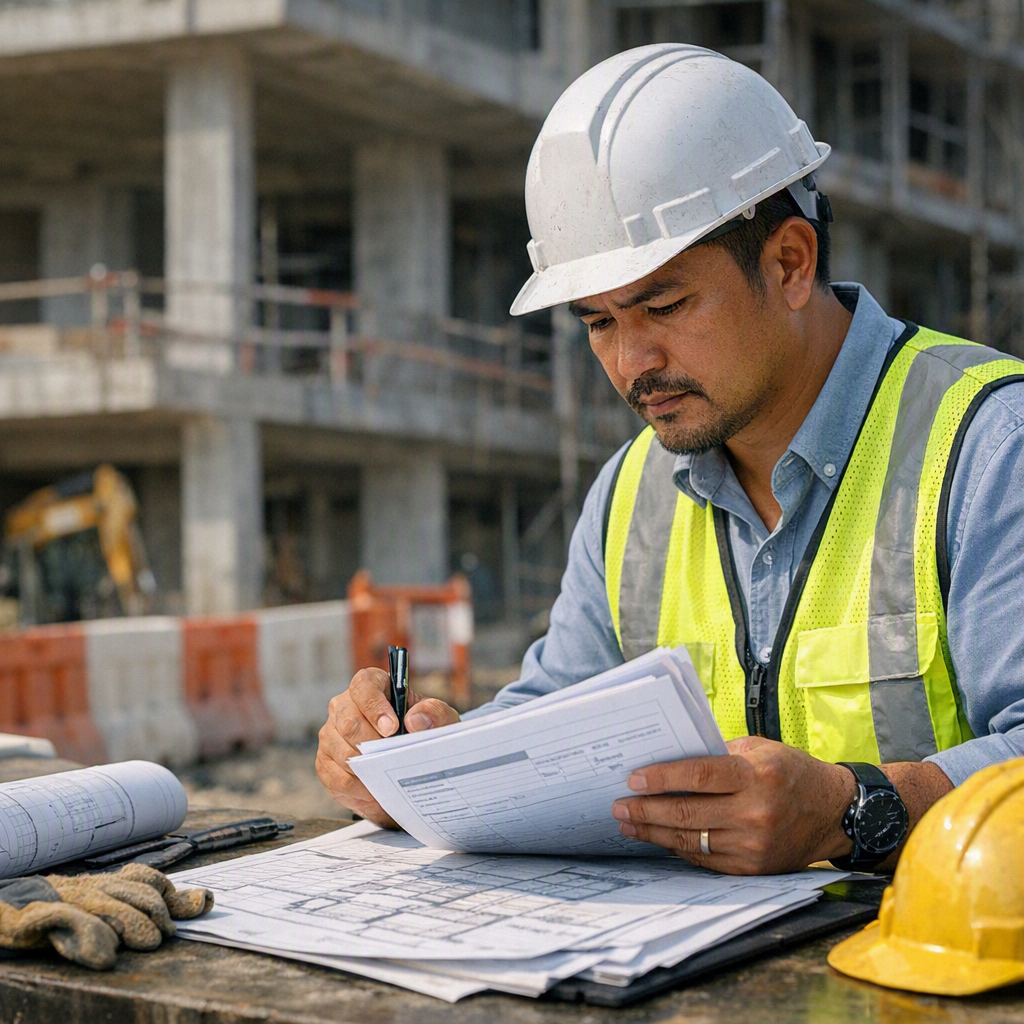 Construction project manager reviewing incident documents beside an active worksite