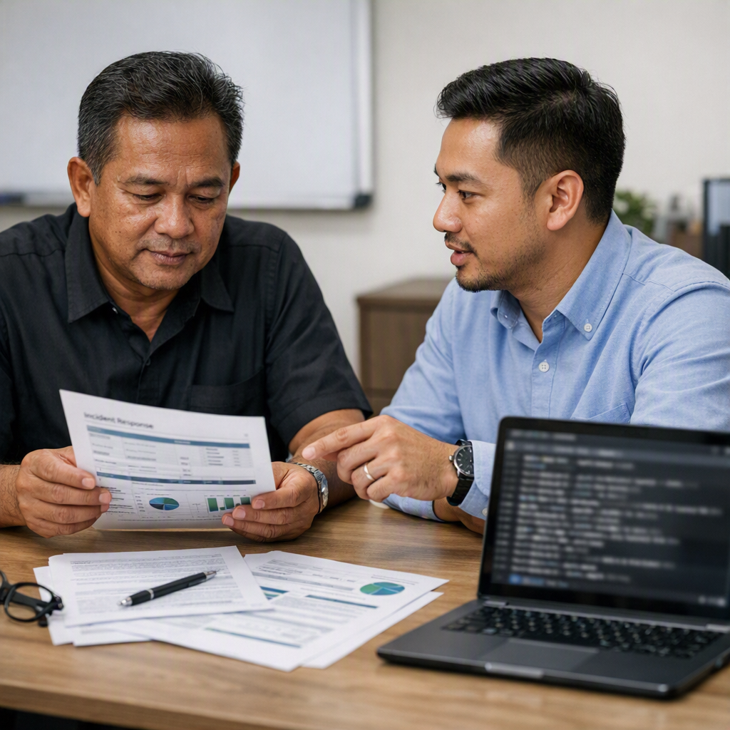Business owner and IT advisor reviewing cyber incident response documents