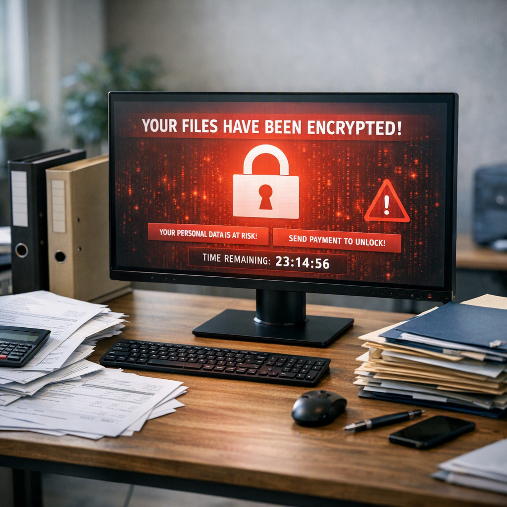 Office computer showing ransomware warning and locked business files