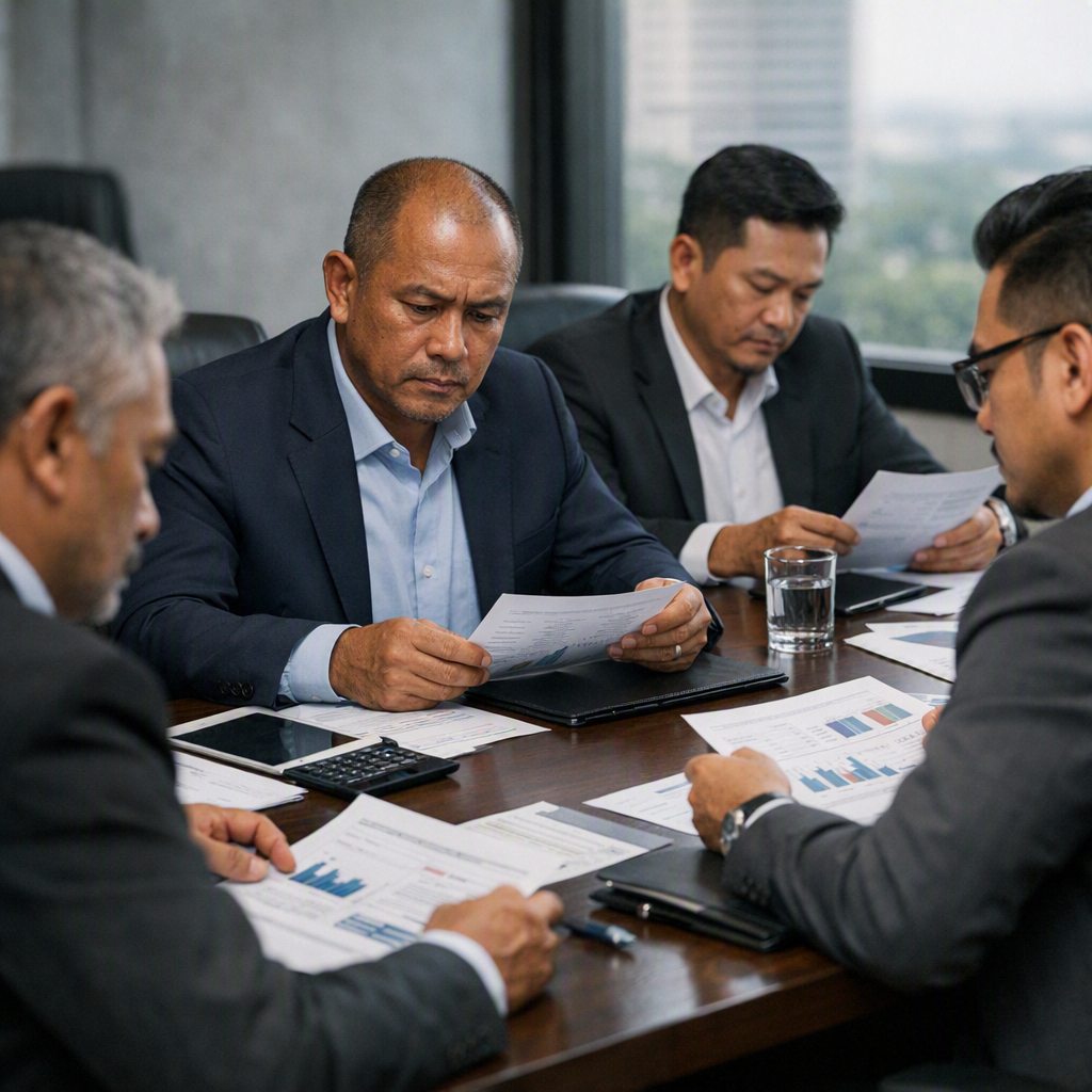 Boardroom meeting showing directors reviewing company documents and governance risk