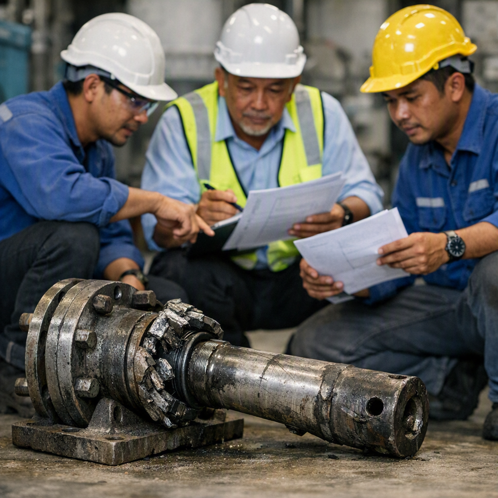 Damaged industrial equipment being inspected for EAR insurance claim