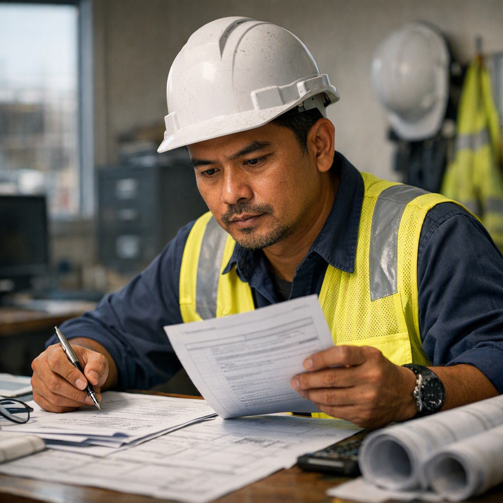 Engineer reviewing installation schedule and EAR insurance documents