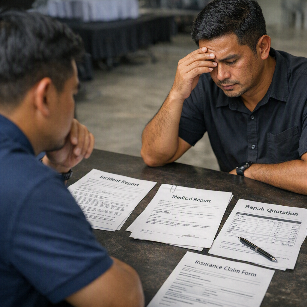 Event incident report and claim documents being reviewed after a guest injury