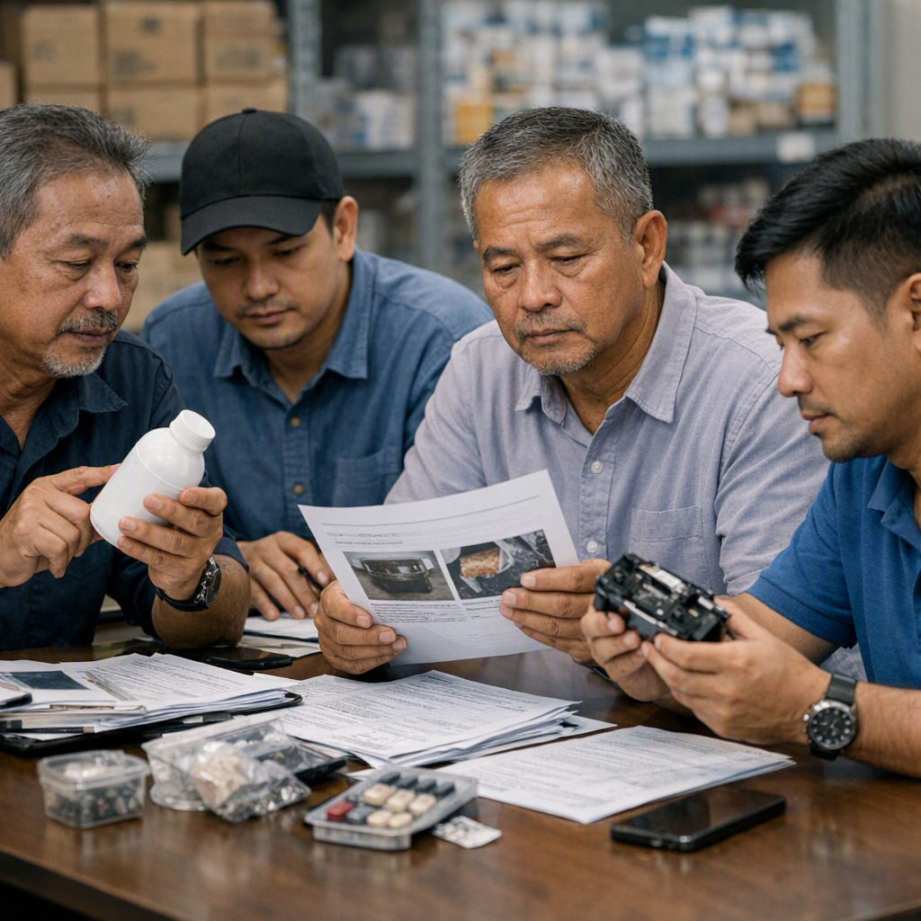 Business team reviewing product defect report and liability claim documents