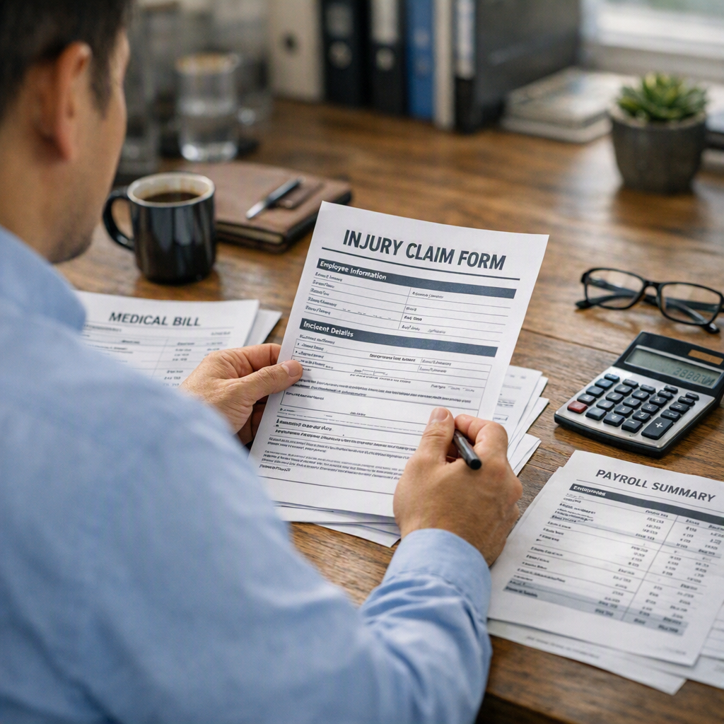 Employer reviewing work injury claim documents and medical bills